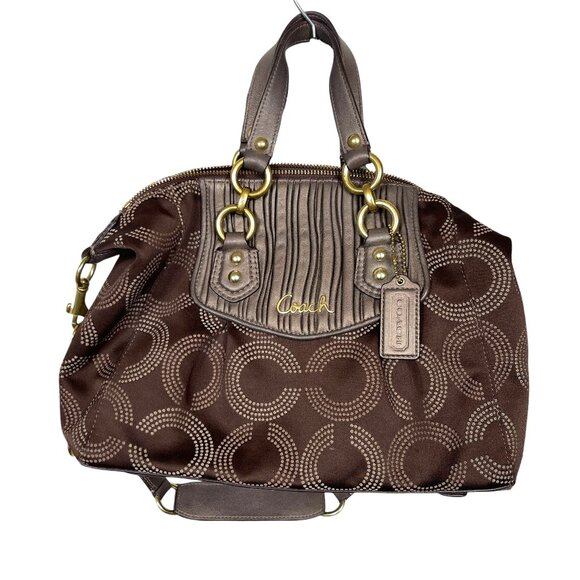 Coach Ashley Gathered Dotted Op Art Satchel Bag Handbag Brown Retro Leather - Picture 1 of 5